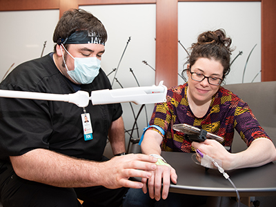 Students observed their instructor, Medina Public Schools Teacher Jessica Schlecht, receive her regular infusion at the JRMC Cancer Center on Friday.