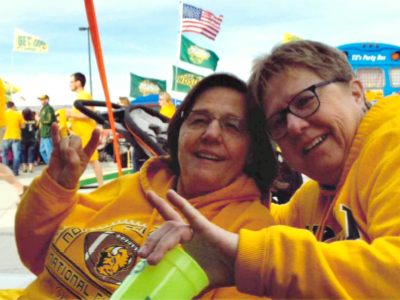 JRMC Orthopedic Surgeon, Dr. Michael T. Dean, replaced NDSU Bison fan, Glenda Hust's joint. Hust is now able to attend Bison football games once again.